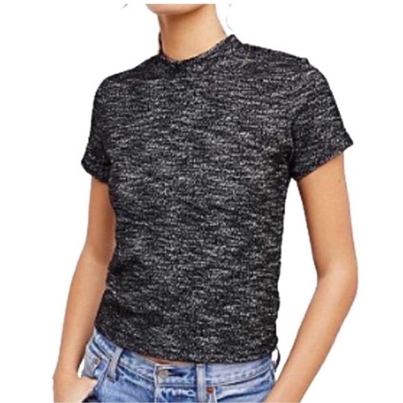 Free People Stretch Knit Textured Top Black Grey Hannah Tweed Short Sleeve Shirt - Picture 2 of 9